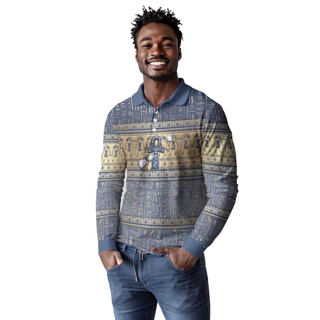 Ankh Egypt Long Sleeve Polo Shirt Egyptian Lotus Flowers