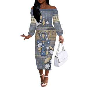 Ankh Egypt Off The Shoulder Long Sleeve Dress Egyptian Lotus Flowers