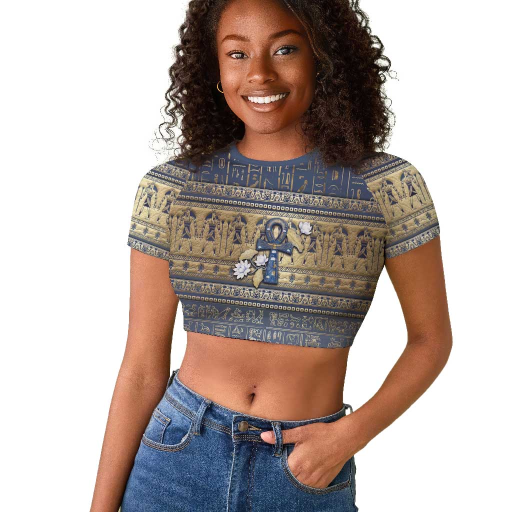Ankh Egypt Raglan Cropped T shirt Egyptian Lotus Flowers