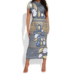Ankh Egypt Short Sleeve Bodycon Dress Egyptian Lotus Flowers