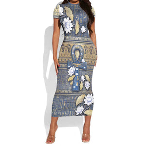 Ankh Egypt Short Sleeve Bodycon Dress Egyptian Lotus Flowers