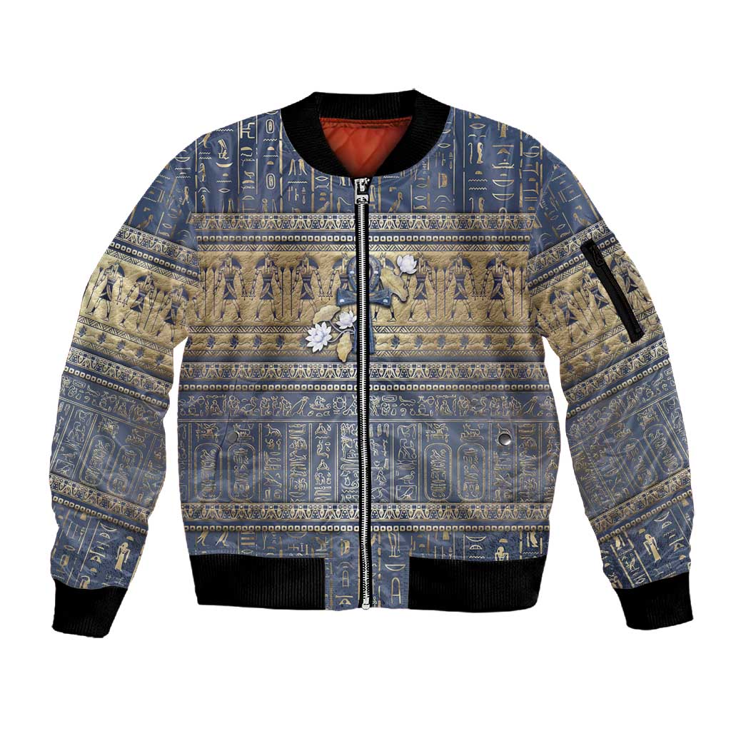 Ankh Egypt Sleeve Zip Bomber Jacket Egyptian Lotus Flowers