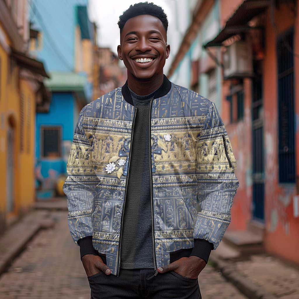 Ankh Egypt Sleeve Zip Bomber Jacket Egyptian Lotus Flowers