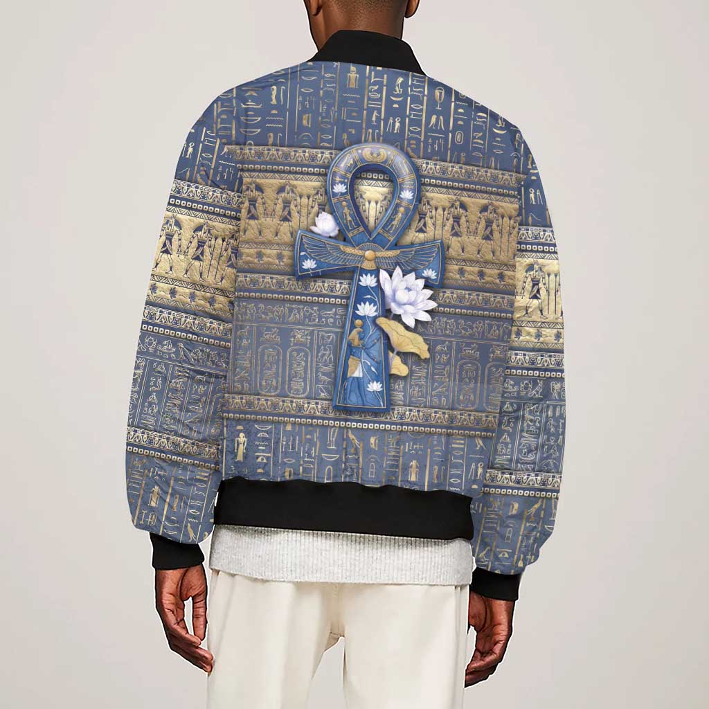 Ankh Egypt Sleeve Zip Bomber Jacket Egyptian Lotus Flowers