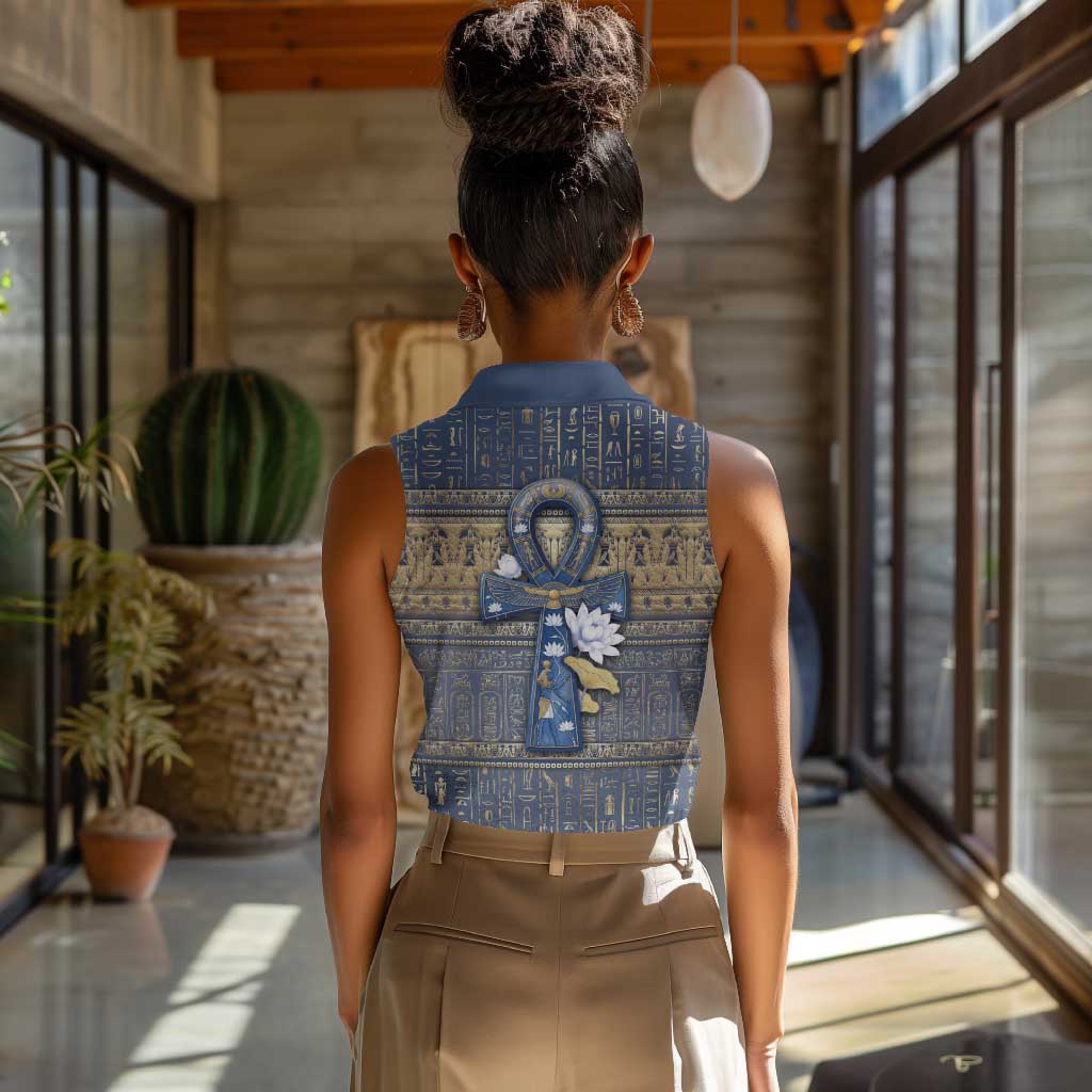 Ankh Egypt Women Sleeveless Polo Shirt Egyptian Lotus Flowers