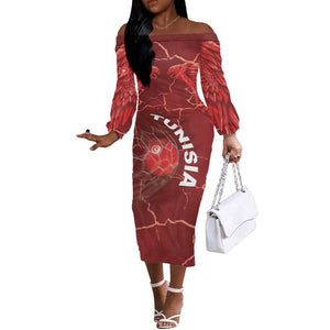 Custom Tunisia Football Off The Shoulder Long Sleeve Dress Eagle Cracked Texture Athletic