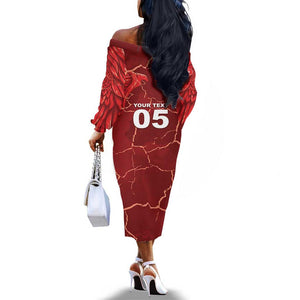 Custom Tunisia Football Off The Shoulder Long Sleeve Dress Eagle Cracked Texture Athletic