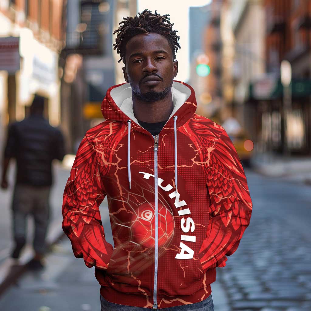 Custom Tunisia Football Zip Hoodie Eagle Cracked Texture Athletic