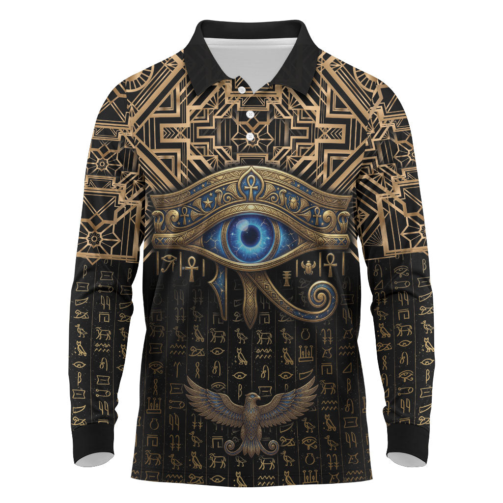 Egypt Eye of Horus Long Sleeve Polo Shirt Hieroglyphics Patterns Retro Style
