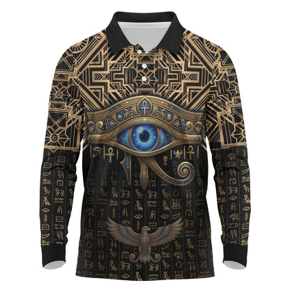 Egypt Eye of Horus Long Sleeve Polo Shirt Hieroglyphics Patterns Retro Style