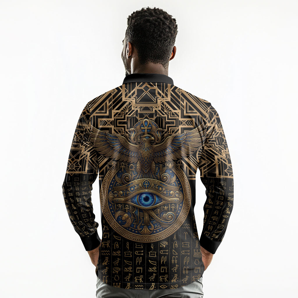 Egypt Eye of Horus Long Sleeve Polo Shirt Hieroglyphics Patterns Retro Style