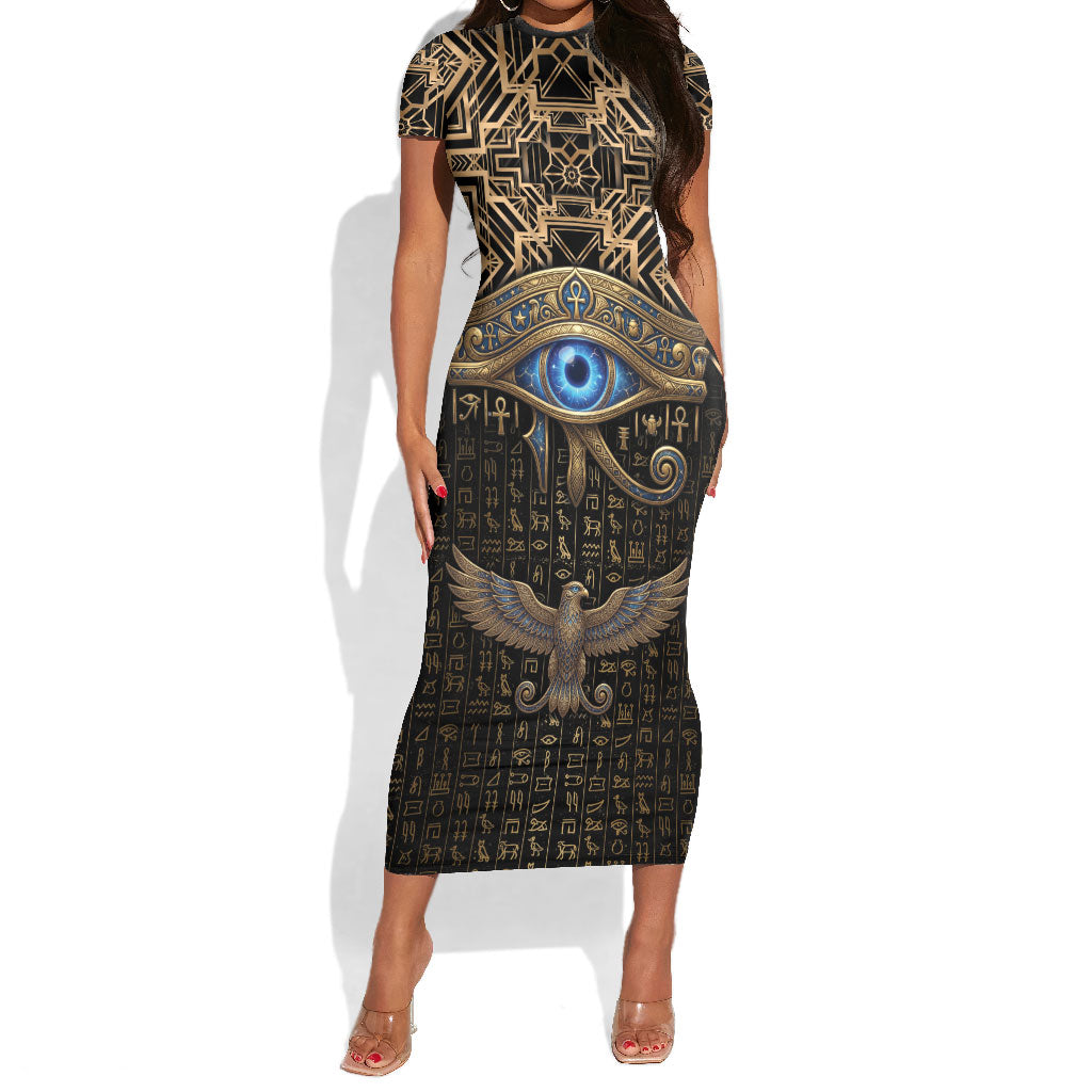 Egypt Eye of Horus Short Sleeve Bodycon Dress Hieroglyphics Patterns Retro Style