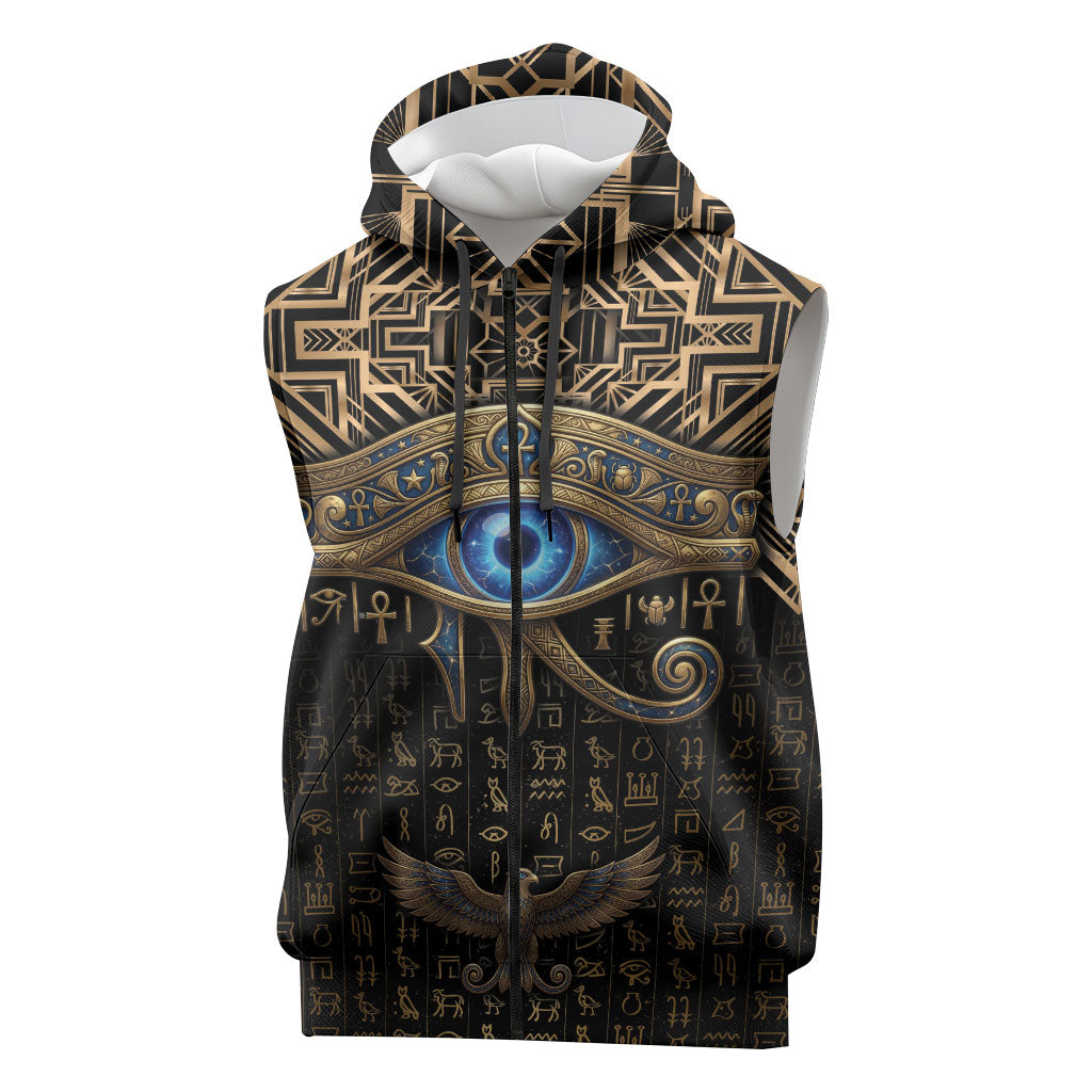 Egypt Eye of Horus Sleeveless Zip Hoodie Hieroglyphics Patterns Retro Style