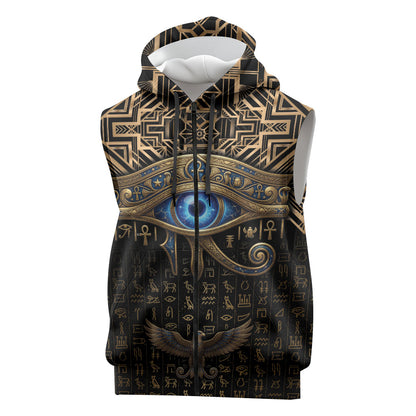 Egypt Eye of Horus Sleeveless Zip Hoodie Hieroglyphics Patterns Retro Style
