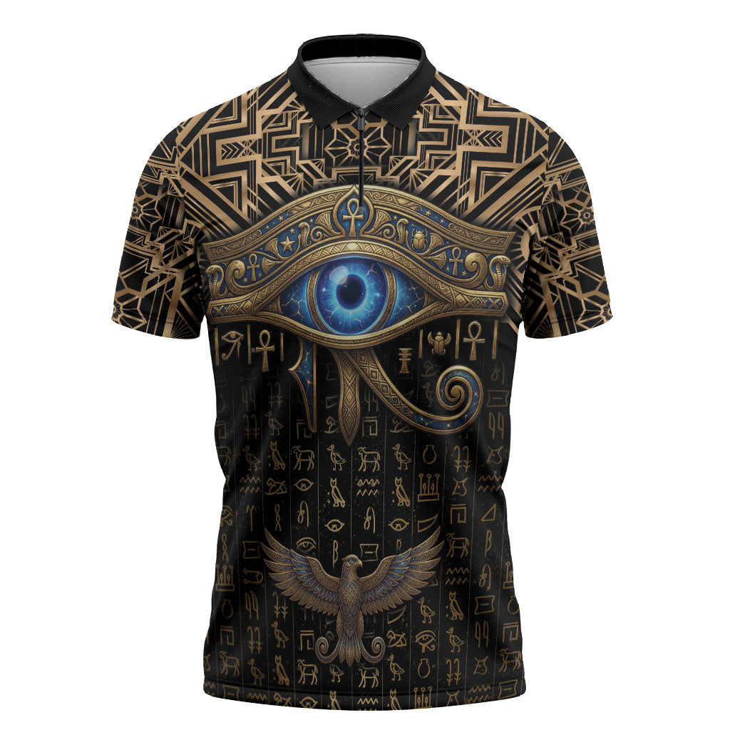 Egypt Eye of Horus Zipper Polo Shirt Hieroglyphics Patterns Retro Style