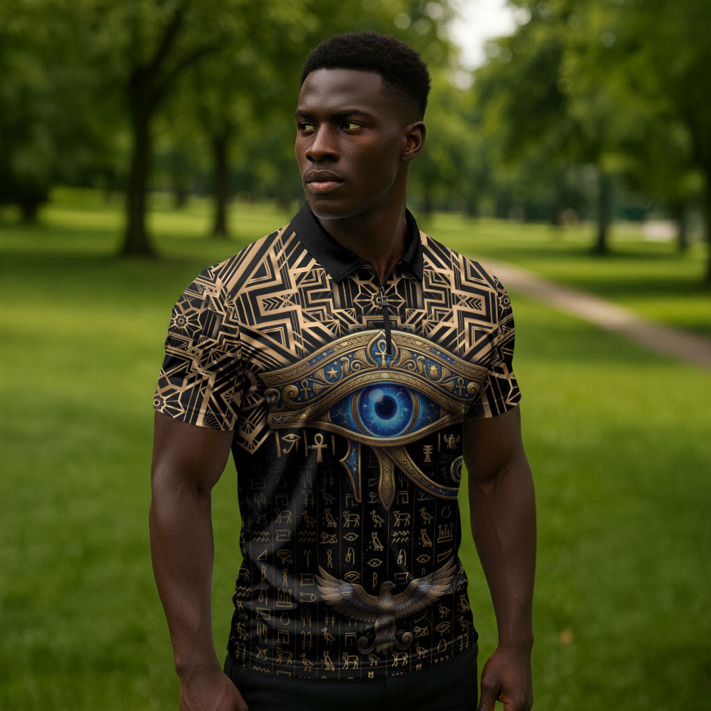 Egypt Eye of Horus Zipper Polo Shirt Hieroglyphics Patterns Retro Style