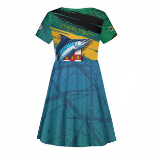 Personalized Afro-Jamaicans Fishing Kid Short Sleeve Dress Blue Marlin Fish