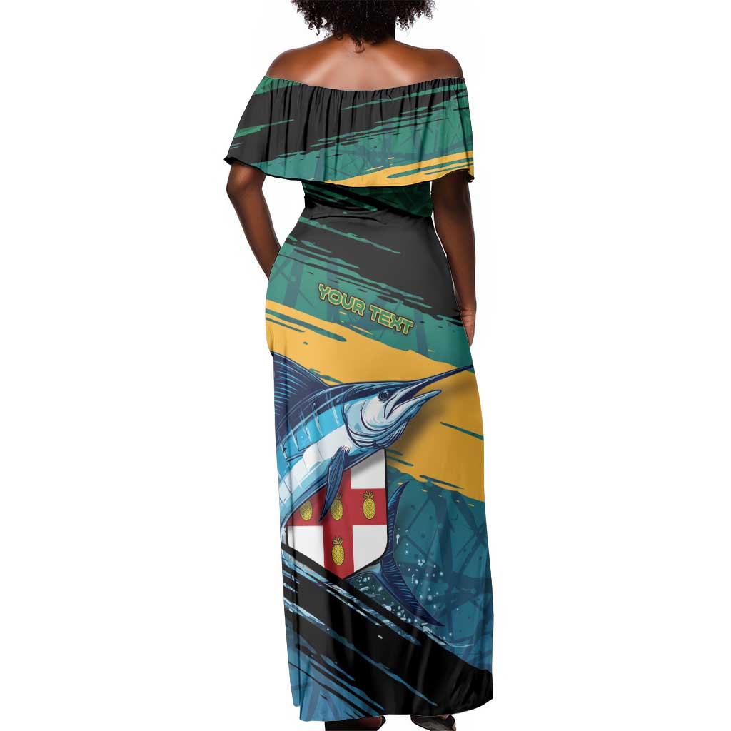 Personalized Afro-Jamaicans Fishing Off Shoulder Maxi Dress Blue Marlin Fish