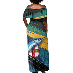 Personalized Afro-Jamaicans Fishing Off Shoulder Maxi Dress Blue Marlin Fish