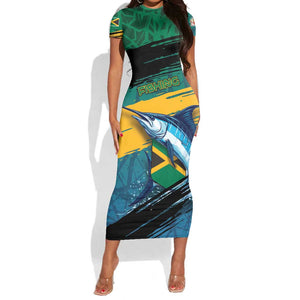Personalized Afro-Jamaicans Fishing Short Sleeve Bodycon Dress Blue Marlin Fish