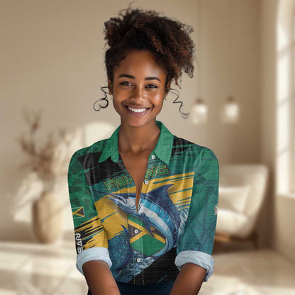 Personalized Afro-Jamaicans Fishing Women Casual Shirt Blue Marlin Fish