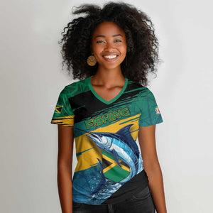 Personalized Afro-Jamaicans Fishing Women V-Neck T-Shirt Blue Marlin Fish