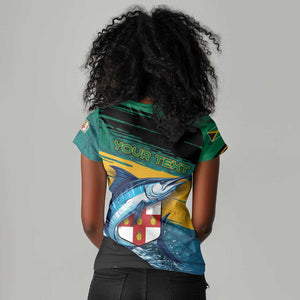 Personalized Afro-Jamaicans Fishing Women V-Neck T-Shirt Blue Marlin Fish