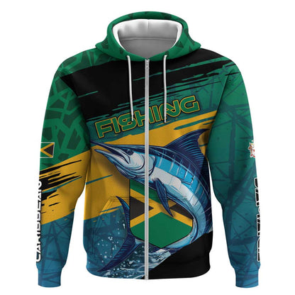 Personalized Afro-Jamaicans Fishing Zip Hoodie Blue Marlin Fish