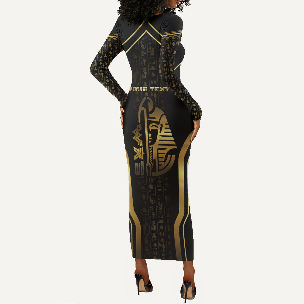 Personalized Egypt Was Sceptre Long Sleeve Bodycon Dress Gold Pharaoh Patterns