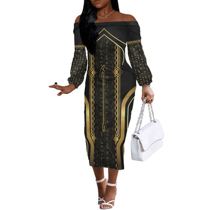 Personalized Egypt Was Sceptre Off The Shoulder Long Sleeve Dress Gold Pharaoh Patterns