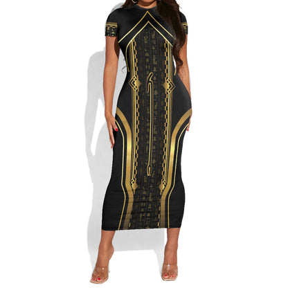 Personalized Egypt Was Sceptre Short Sleeve Bodycon Dress Gold Pharaoh Patterns