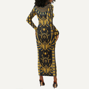 Egypt The Scarab Beetle Long Sleeve Bodycon Dress Winged Solar Amulet Symbol