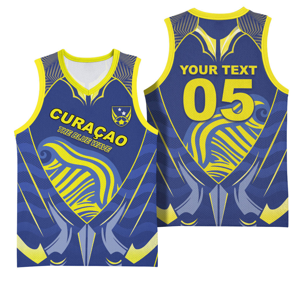 Custom Curacao Football Basketball Jersey Blue Wave Geometric Caribbean Sports Motif