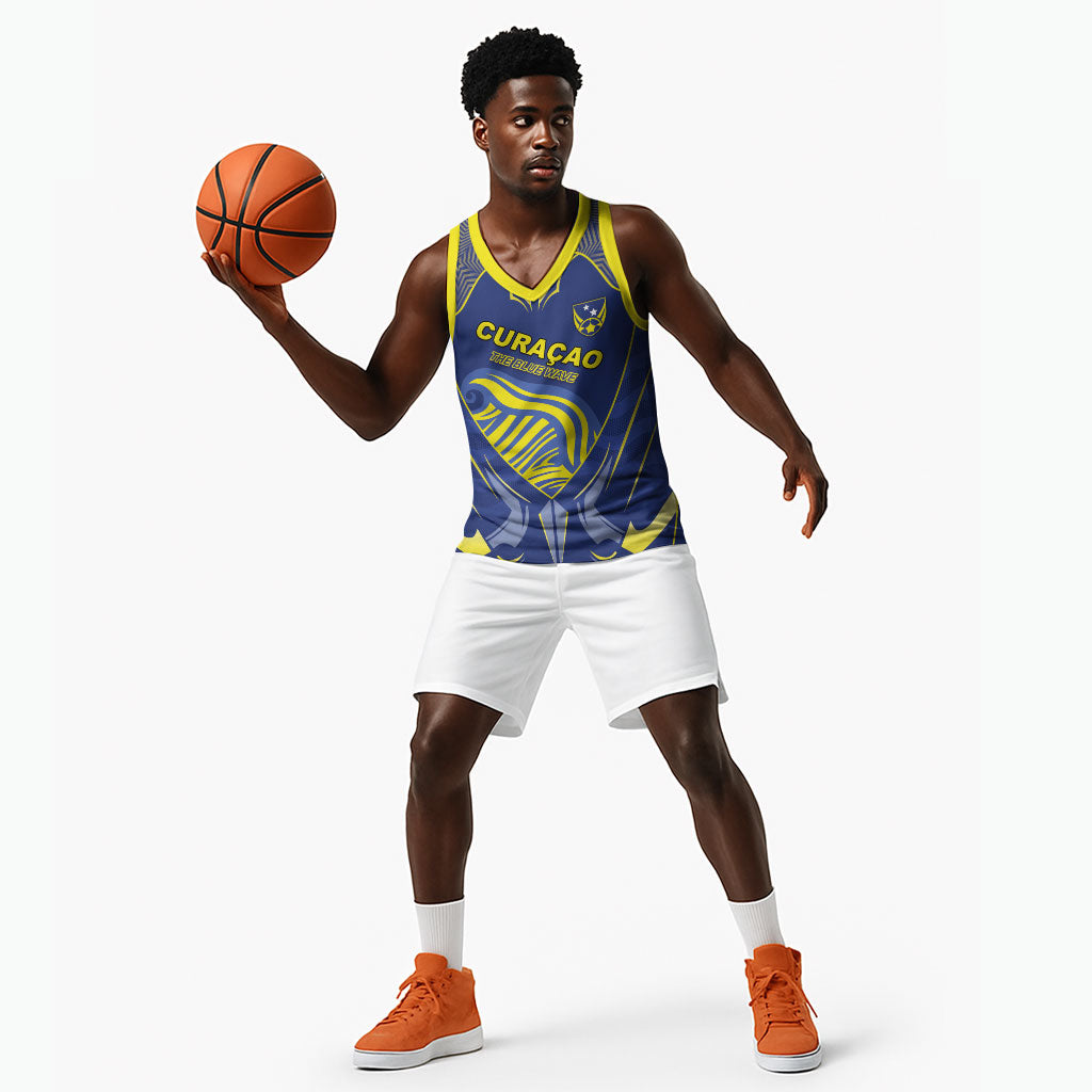 Custom Curacao Football Basketball Jersey Blue Wave Geometric Caribbean Sports Motif