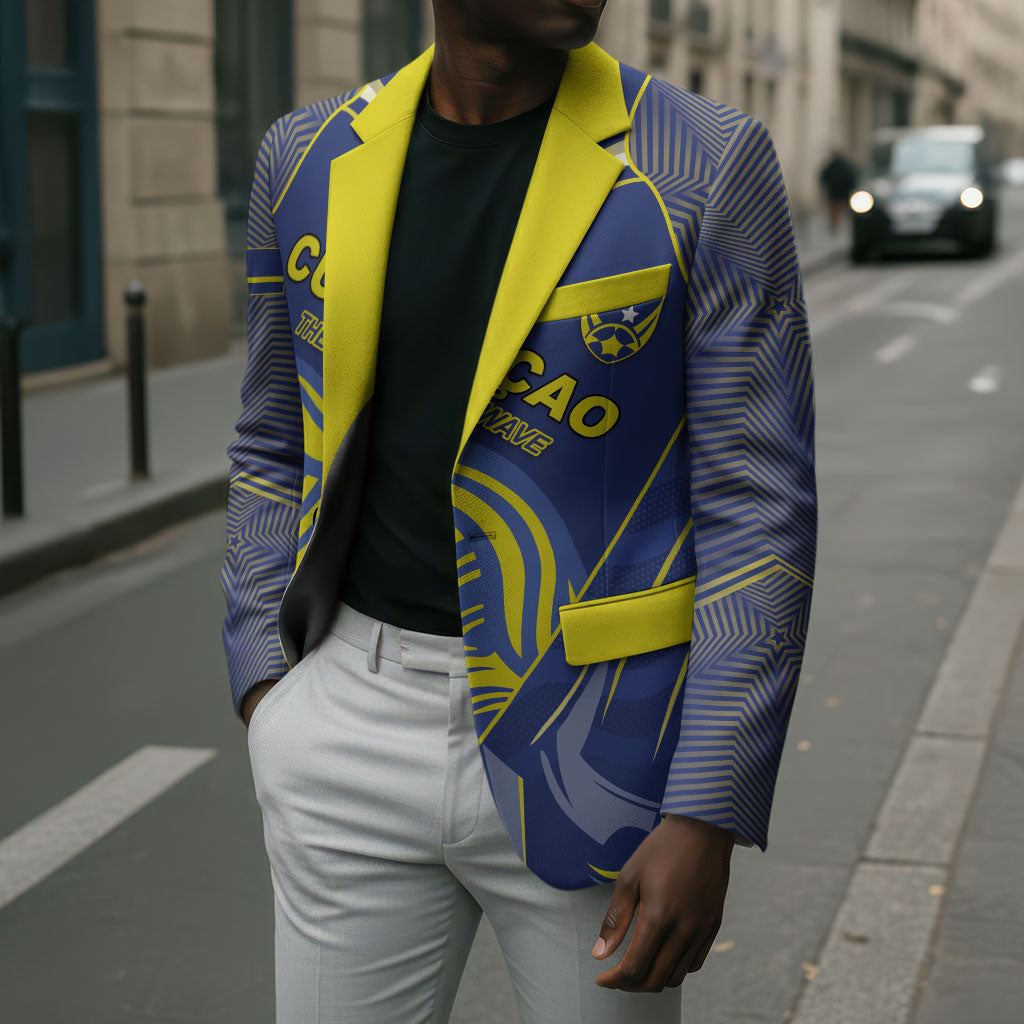 Custom Curacao Football Blazer Blue Wave Geometric Caribbean Sports Motif