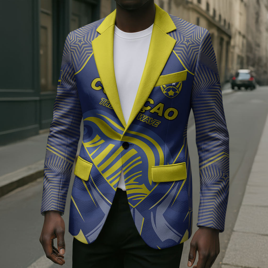 Custom Curacao Football Blazer Blue Wave Geometric Caribbean Sports Motif