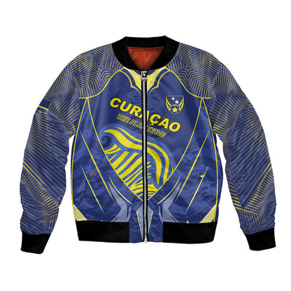 Custom Curacao Football Bomber Jacket Blue Wave Geometric Caribbean Sports Motif