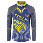 Custom Curacao Football Button Sweatshirt Blue Wave Geometric Caribbean Sports Motif