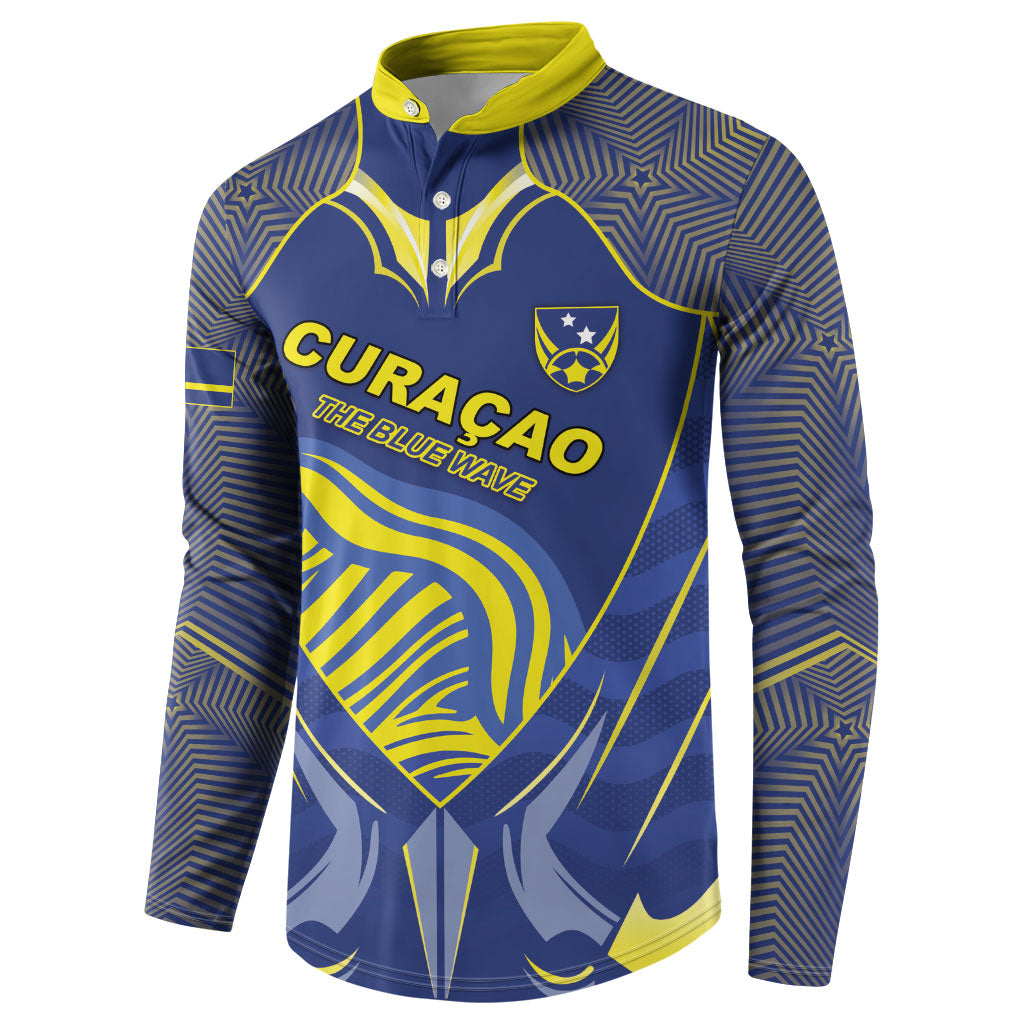 Custom Curacao Football Button Sweatshirt Blue Wave Geometric Caribbean Sports Motif