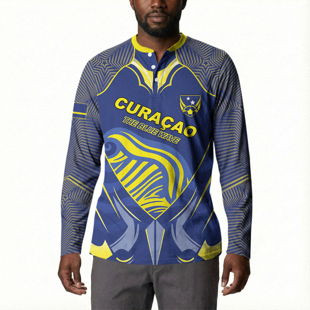 Custom Curacao Football Button Sweatshirt Blue Wave Geometric Caribbean Sports Motif