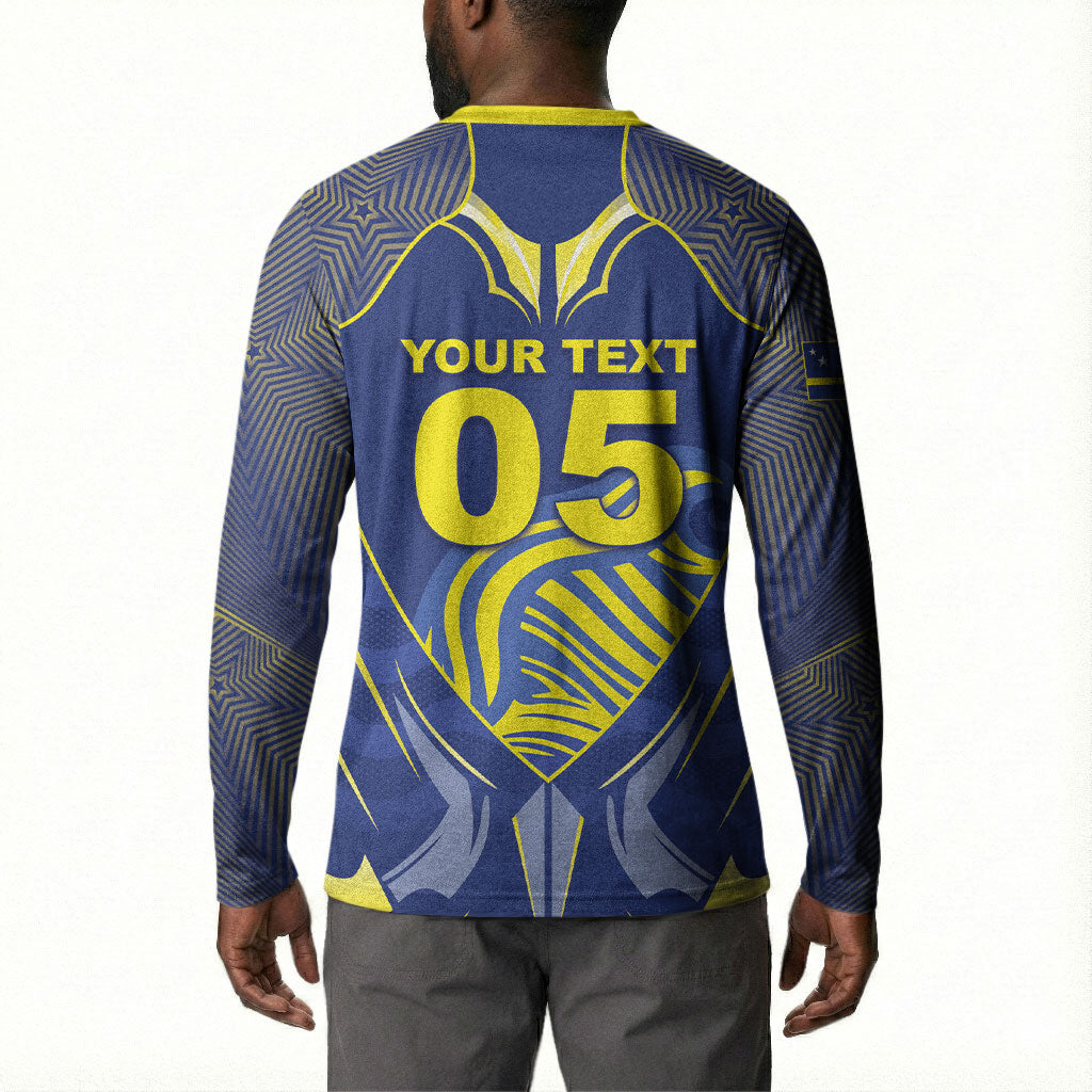 Custom Curacao Football Button Sweatshirt Blue Wave Geometric Caribbean Sports Motif