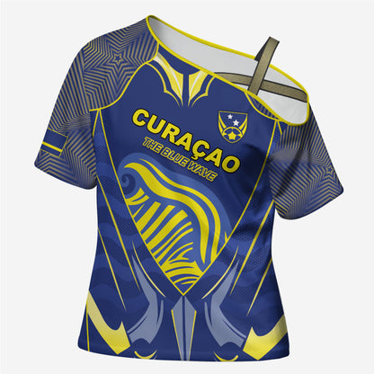 Custom Curacao Football Cross Shoulder Shirt Blue Wave Geometric Caribbean Sports Motif