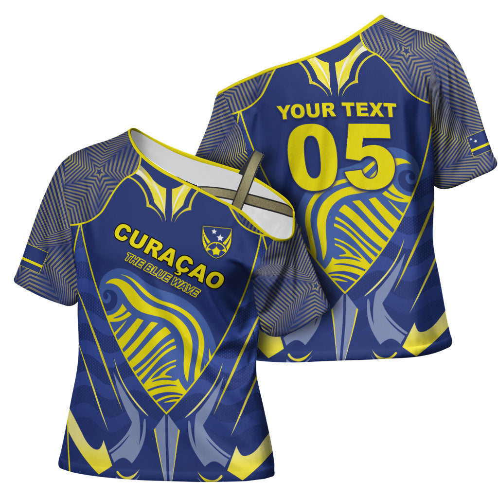 Custom Curacao Football Cross Shoulder Shirt Blue Wave Geometric Caribbean Sports Motif