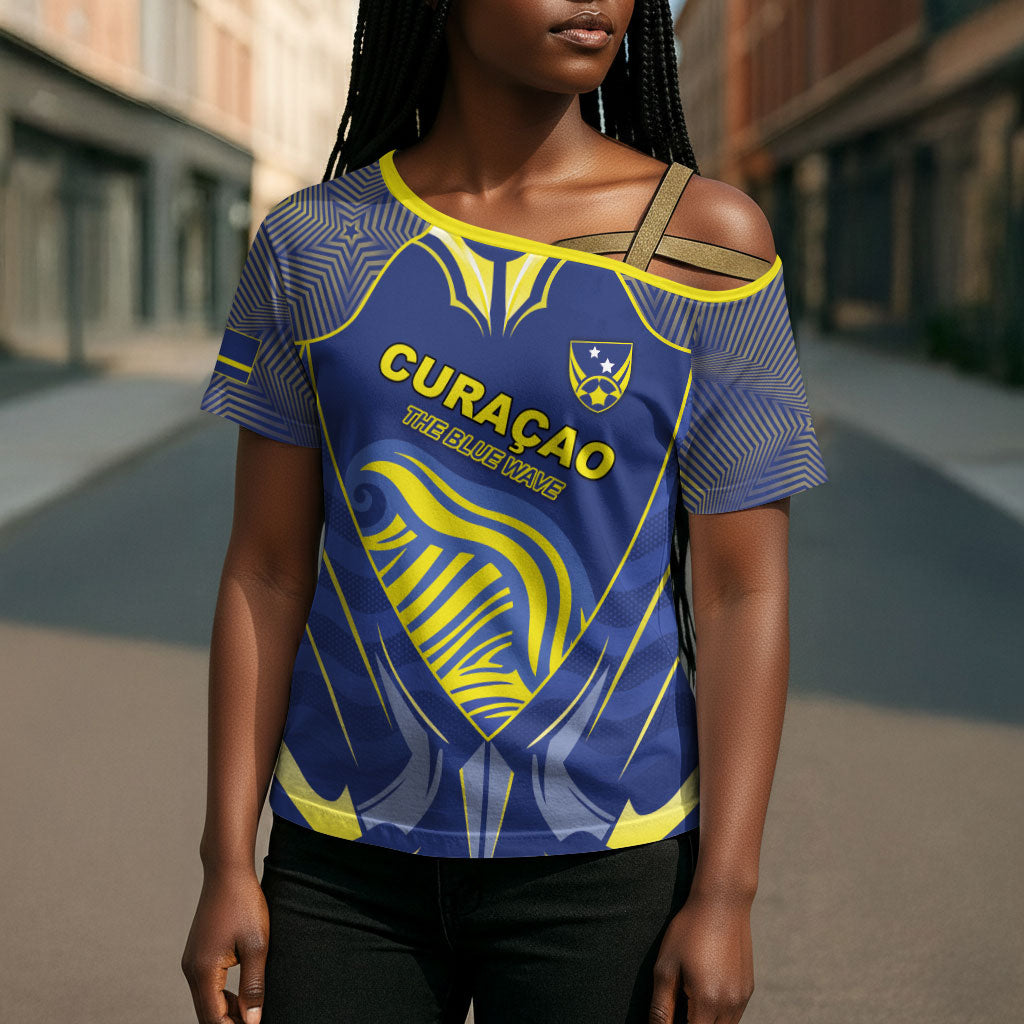 Custom Curacao Football Cross Shoulder Shirt Blue Wave Geometric Caribbean Sports Motif