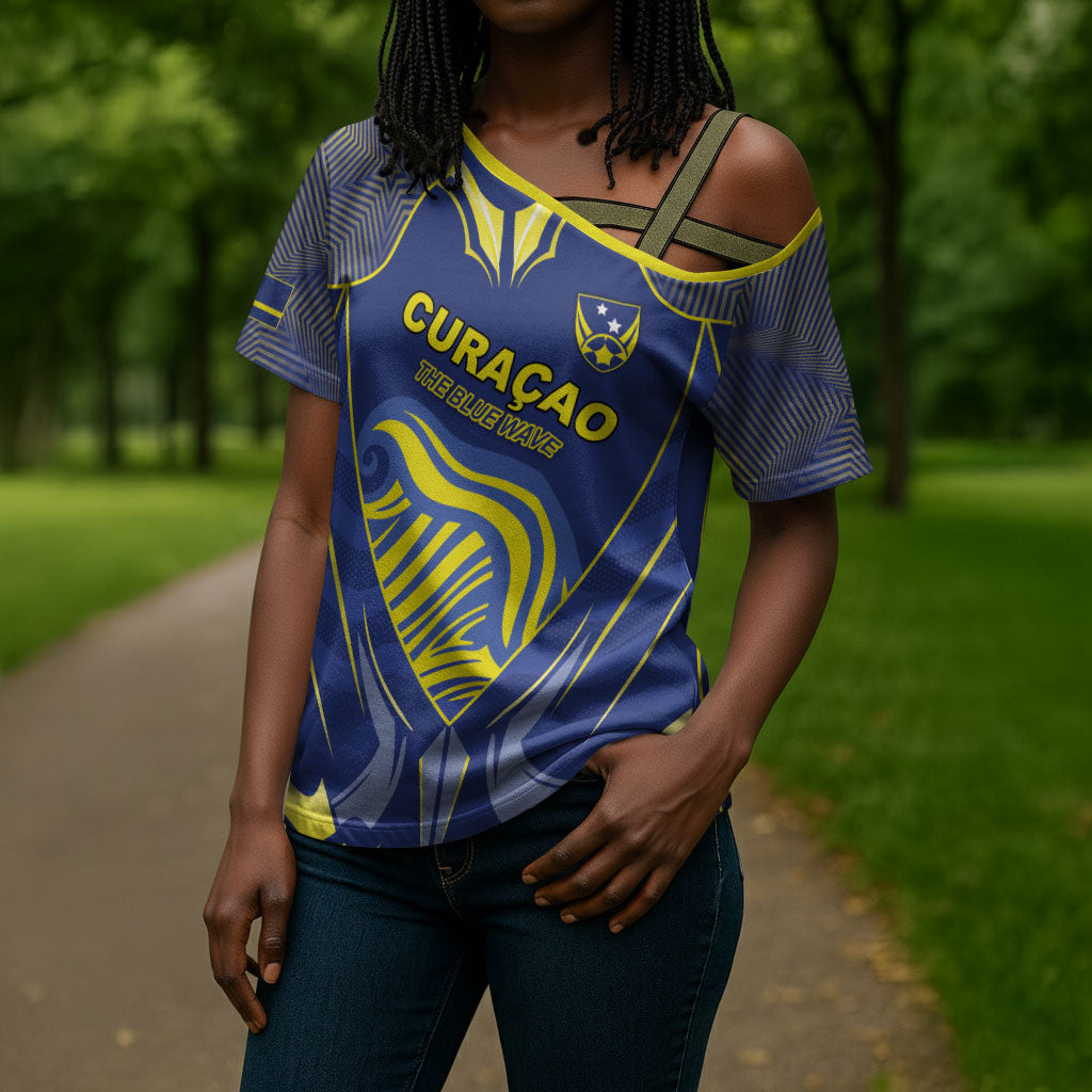 Custom Curacao Football Cross Shoulder Shirt Blue Wave Geometric Caribbean Sports Motif