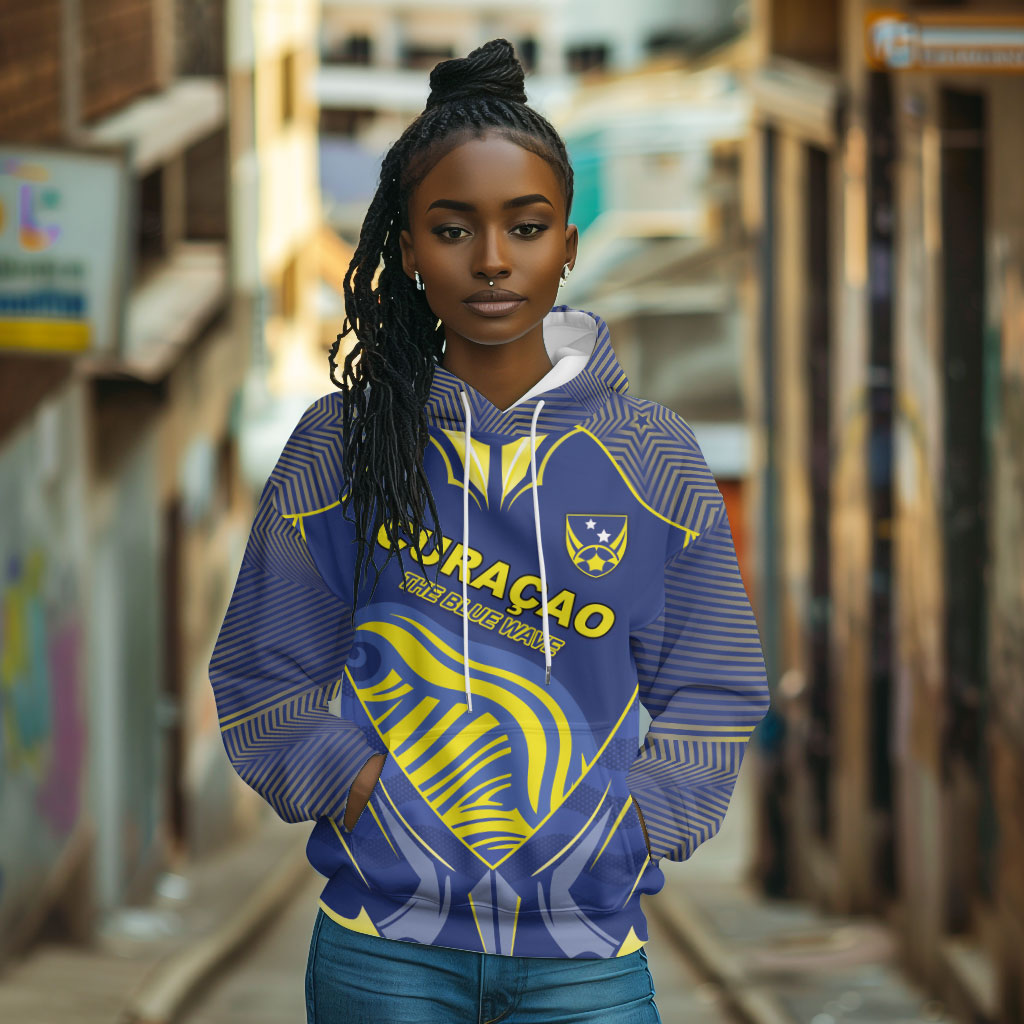 Custom Curacao Football Hoodie Blue Wave Geometric Caribbean Sports Motif