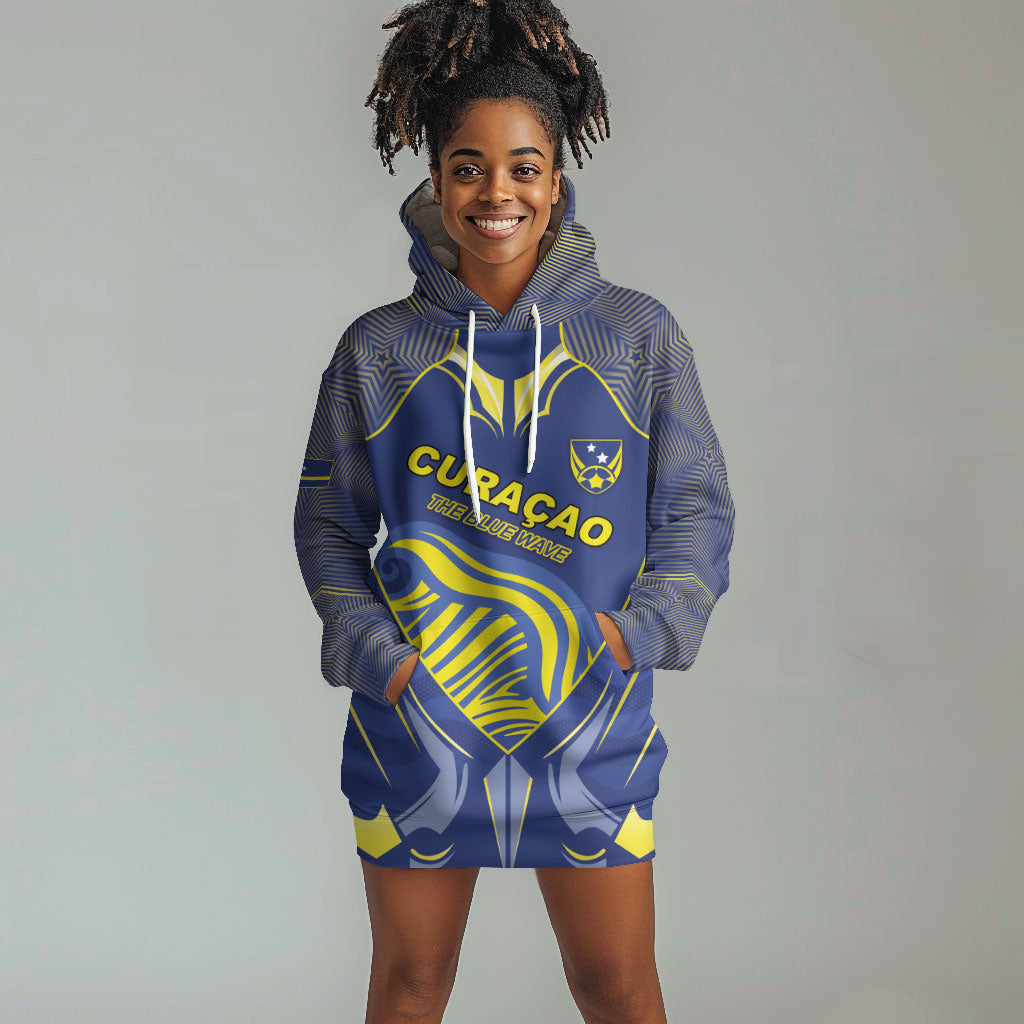 Custom Curacao Football Hoodie Dress Blue Wave Geometric Caribbean Sports Motif