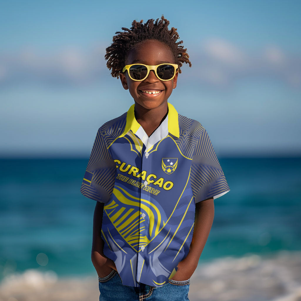Custom Curacao Football Kid Hawaiian Shirt Blue Wave Geometric Caribbean Sports Motif