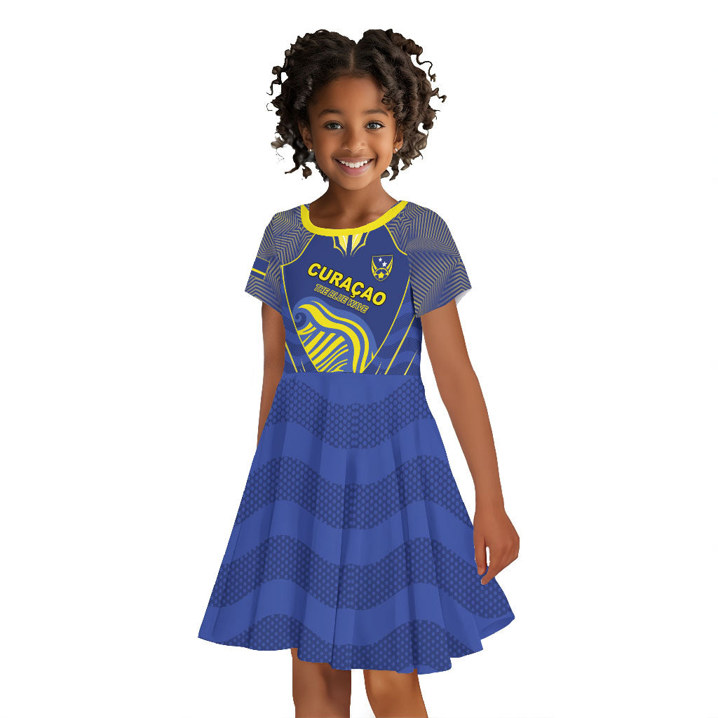Custom Curacao Football Kid Short Sleeve Dress Blue Wave Geometric Caribbean Sports Motif