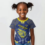 Custom Curacao Football Kid T shirt Blue Wave Geometric Caribbean Sports Motif